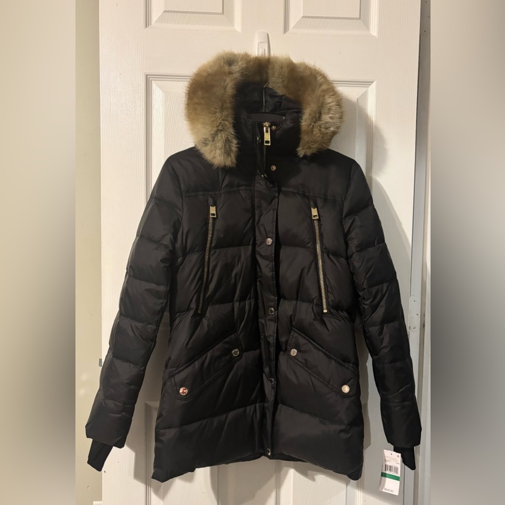 NWT Michael Kors Black Puffer Coat with Faux Fur Trim